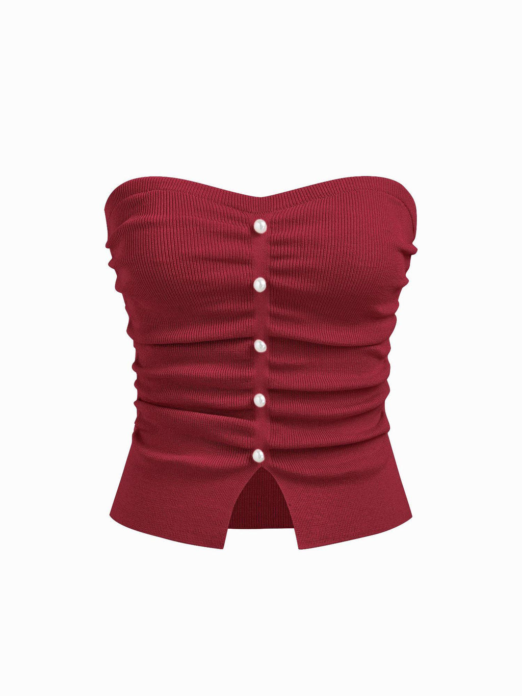 Maroon Faux Pearl Split Ruched Knit Crop Top | CT61 - view 1