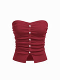 Maroon Faux Pearl Split Ruched Knit Crop Top | CT61 - view 1