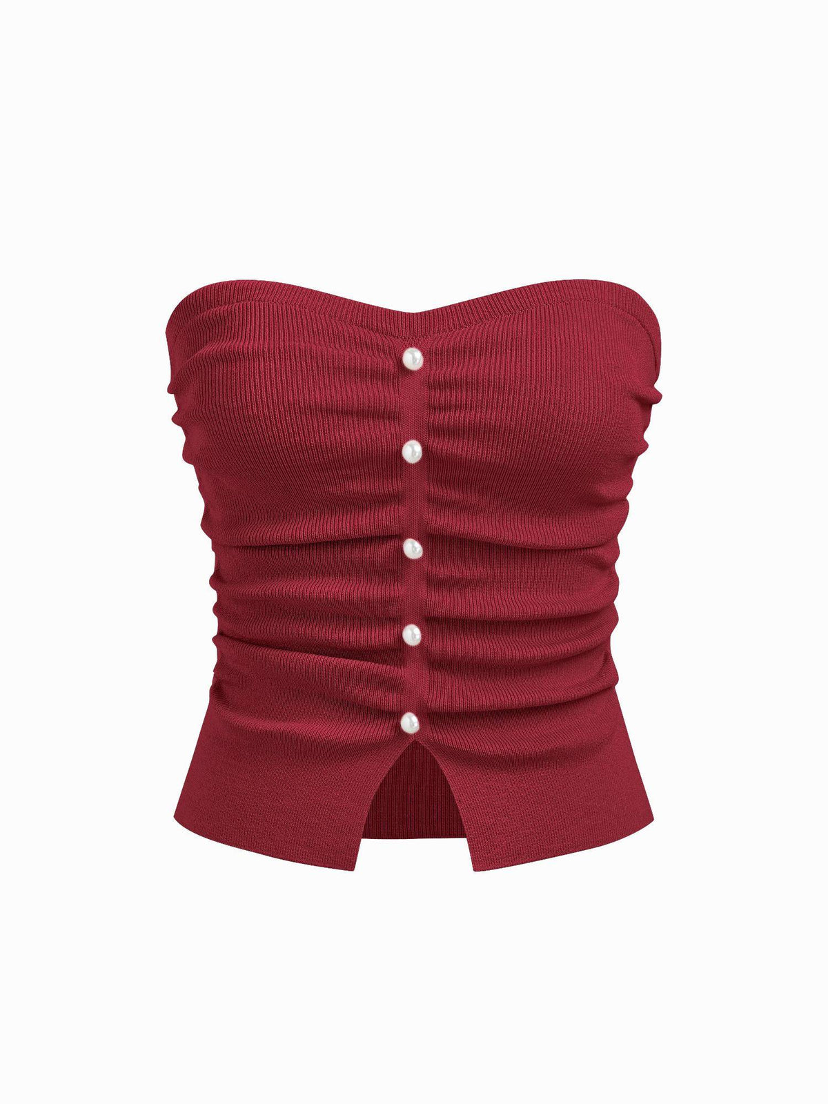 Maroon Faux Pearl Split Ruched Knit Crop Top | CT61 - view 1