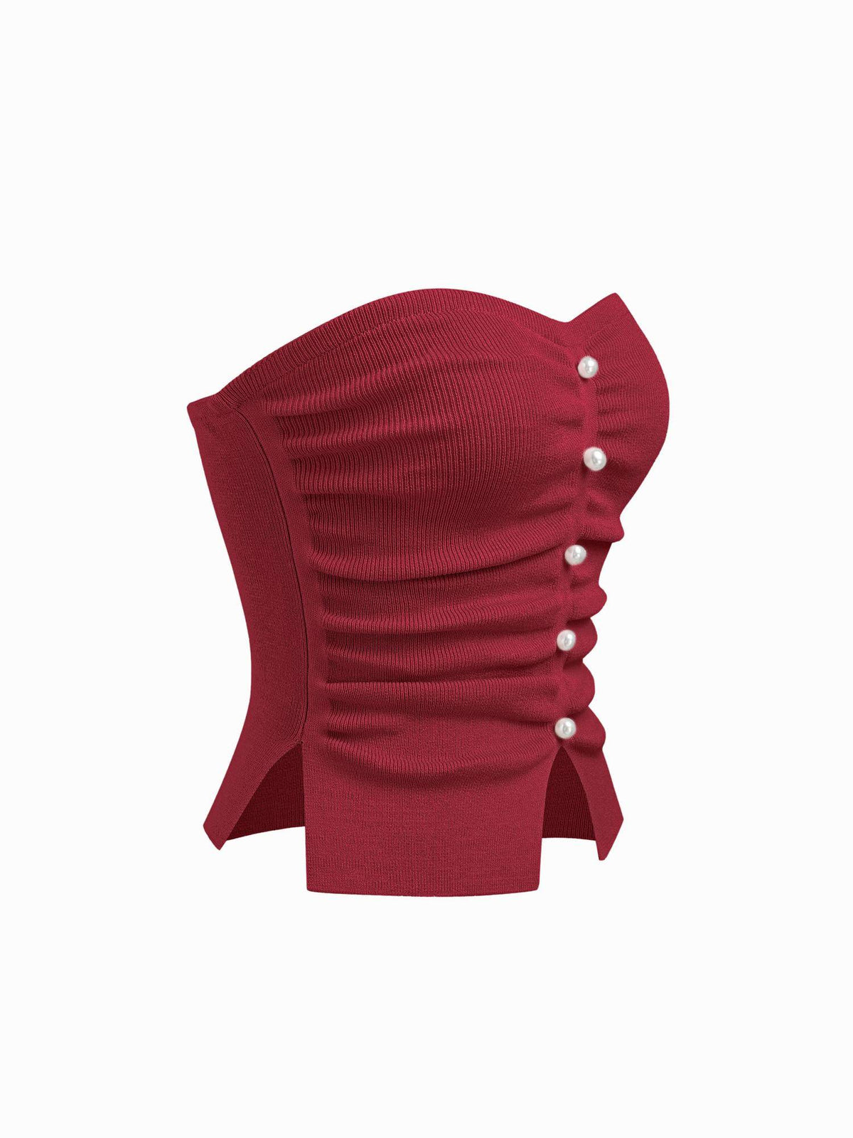 Maroon Faux Pearl Split Ruched Knit Crop Top | CT61 - view 6