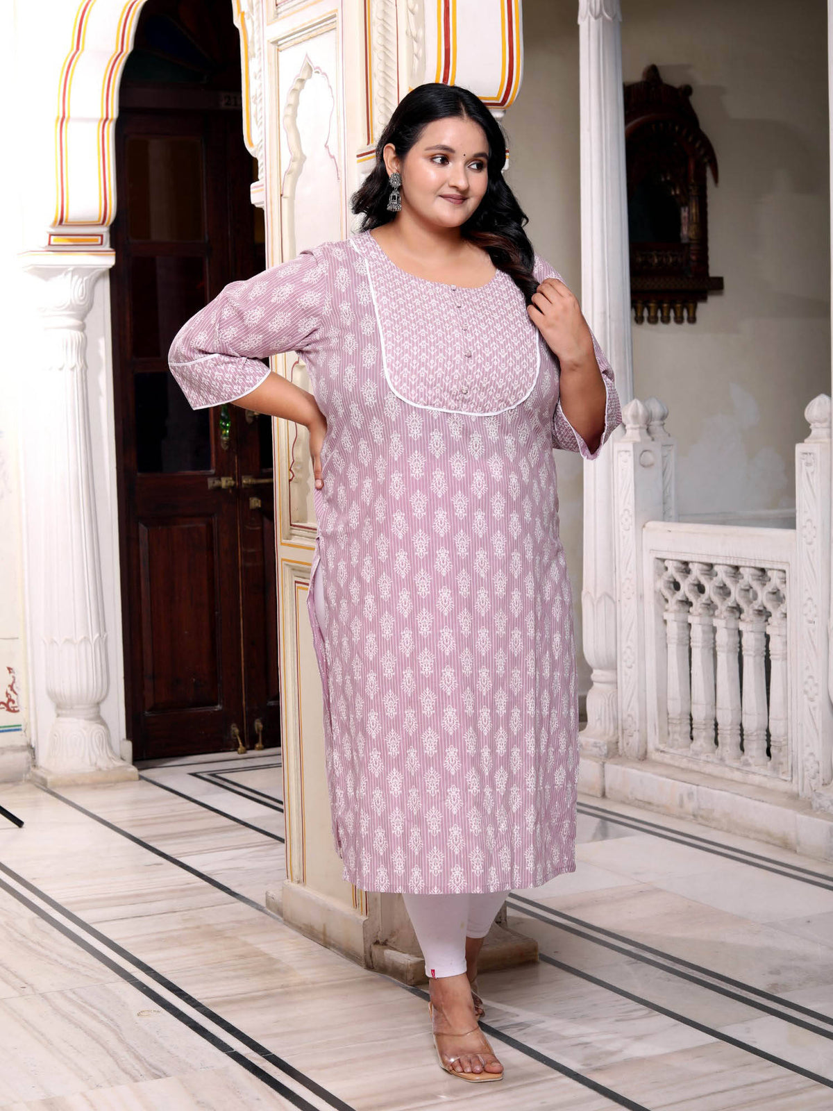 Women Plus Size Round Neck Kurta -Purple | FY93 - view 3