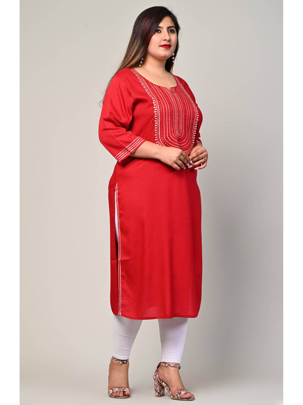Women Plus Size Round Neck Kurta -Turquoise | KDG - view 18