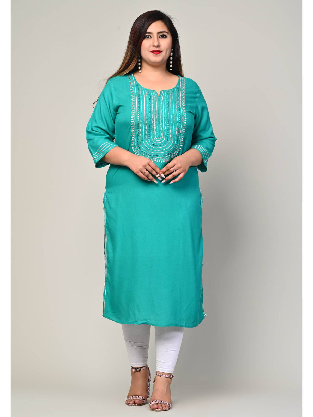 Women Plus Size Round Neck Kurta -Turquoise | KDG - view 1