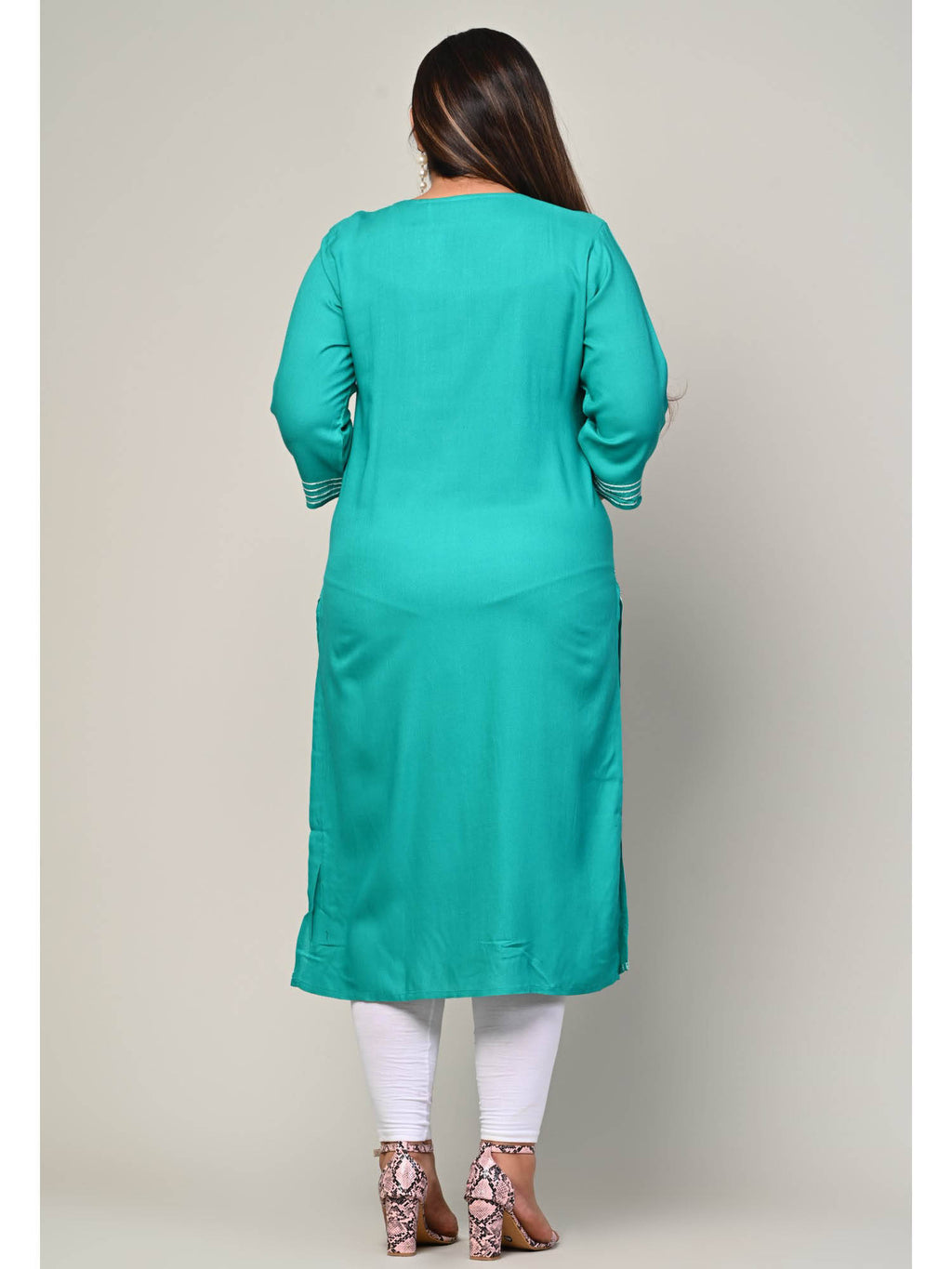 Women Plus Size Round Neck Kurta -Turquoise | KDG - view 2