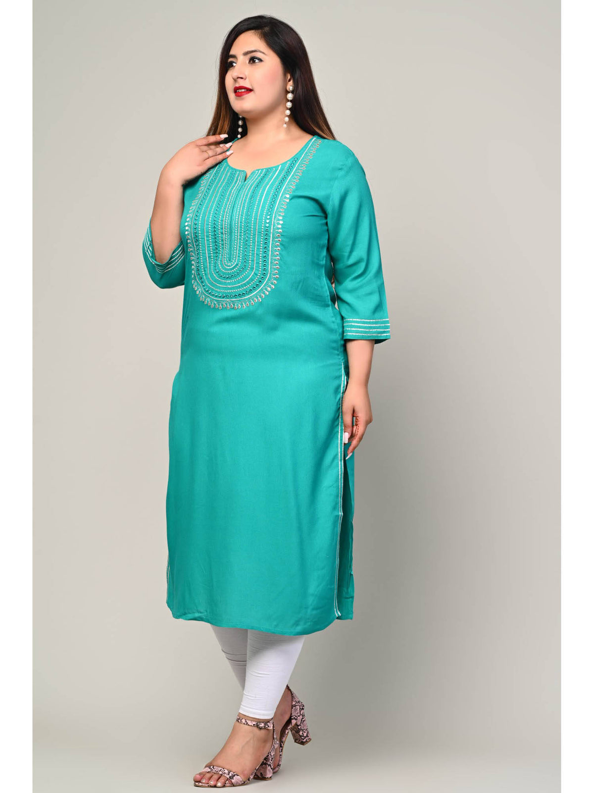 Women Plus Size Round Neck Kurta -Turquoise | FY93 - view 3