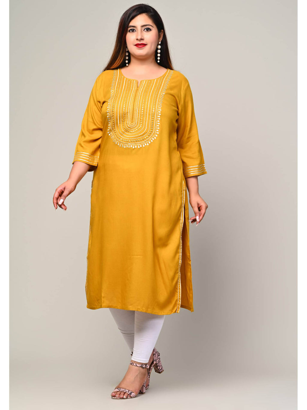 Women Plus Size Round Neck Kurta -Yellow | KDG - view 1