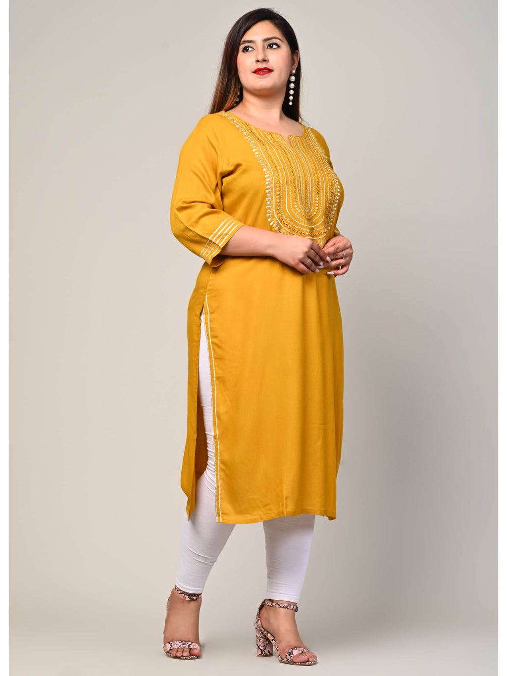 Women Plus Size Round Neck Kurta -Yellow | KDG - view 4