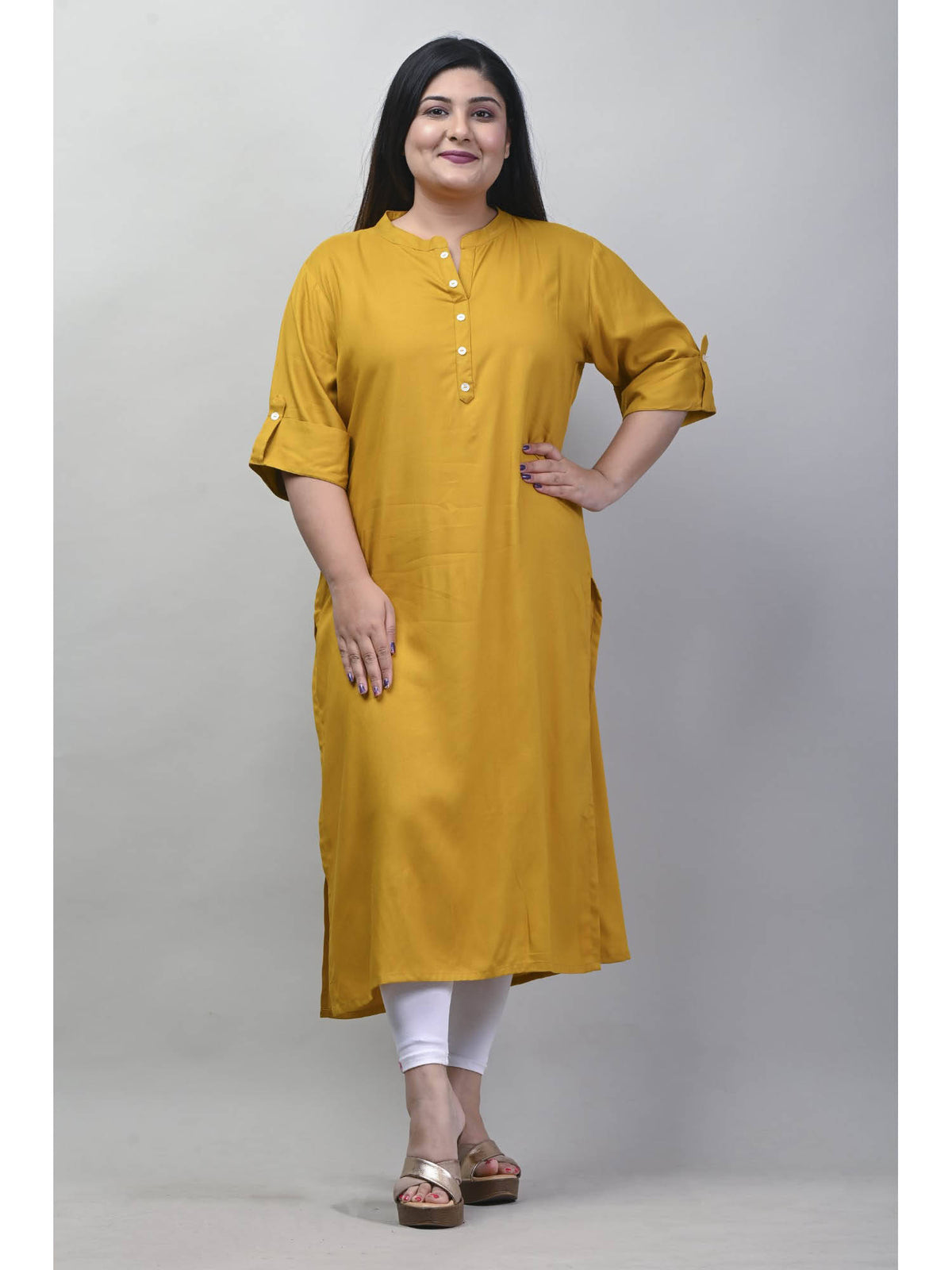 Women Plus Size Mandarin Neck Kurta -Green | FY93 - view 13