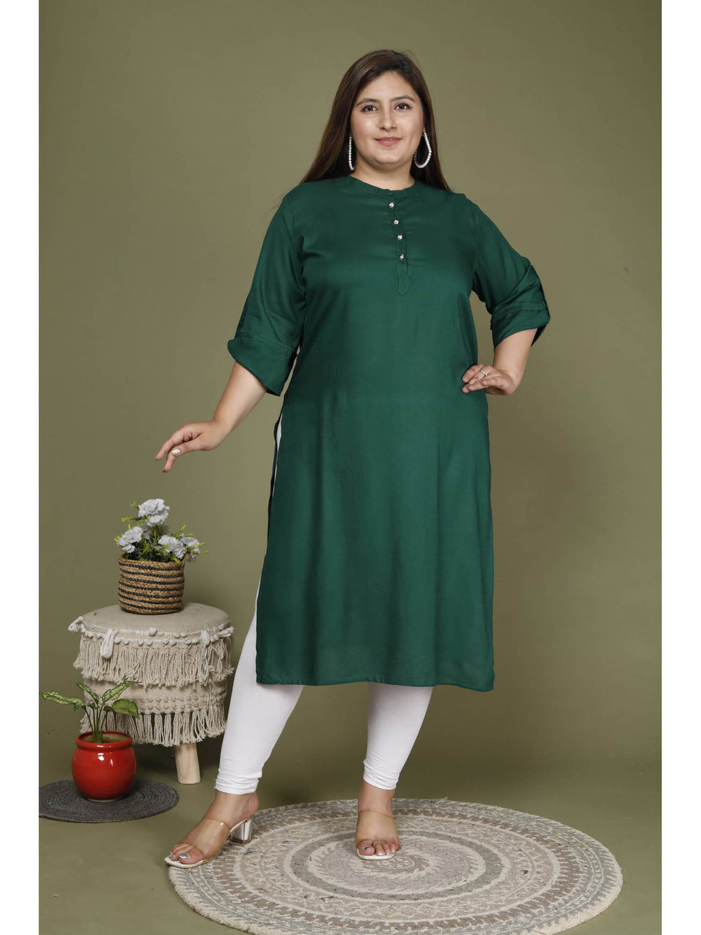 Women Plus Size Mandarin Neck Kurta -Green | FY93 - view 1