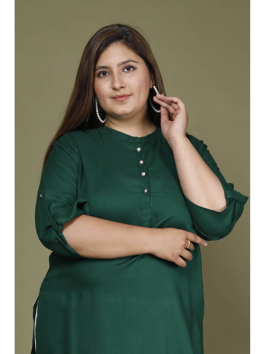 Women Plus Size Mandarin Neck Kurta -Green | FY93 - view 4