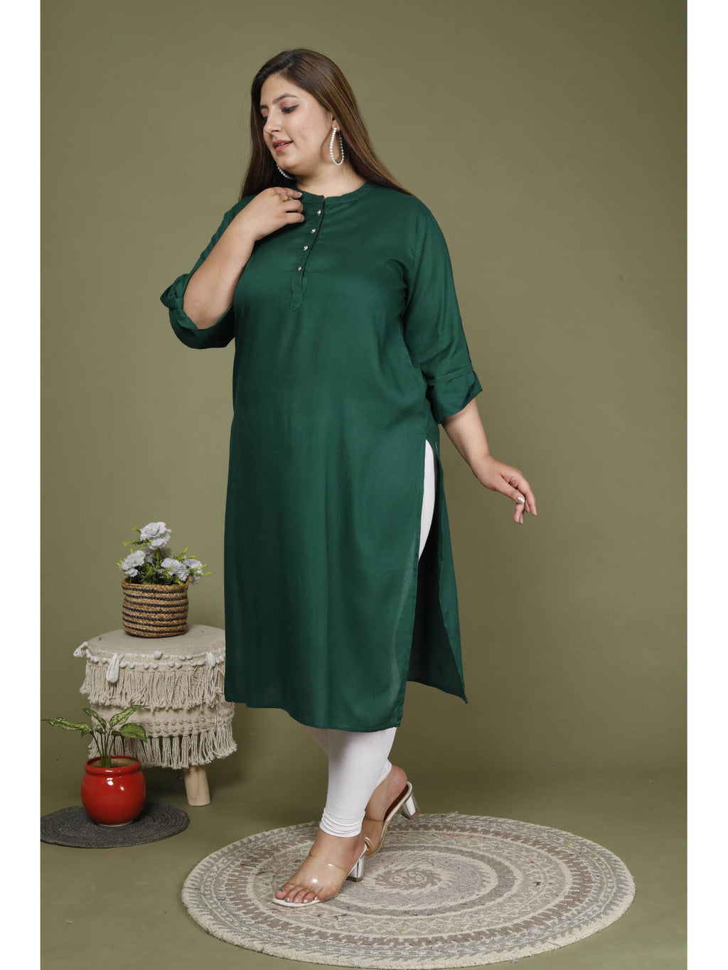 Women Plus Size Mandarin Neck Kurta -Green | FY93 - view 5