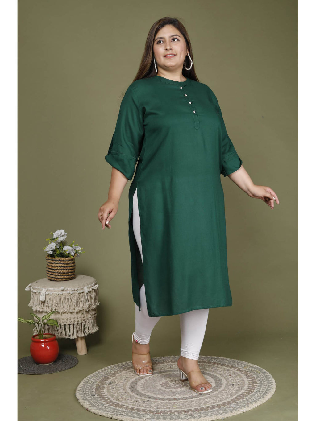 Women Plus Size Mandarin Neck Kurta -Green | FY93 - view 6