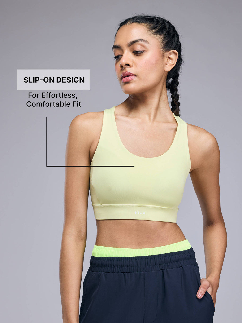 Mid-Impact Strappy Sports Bra with Removable Pads in KICASKN™ Fabric KIC102-Neon Yellow | sb09 - view 2