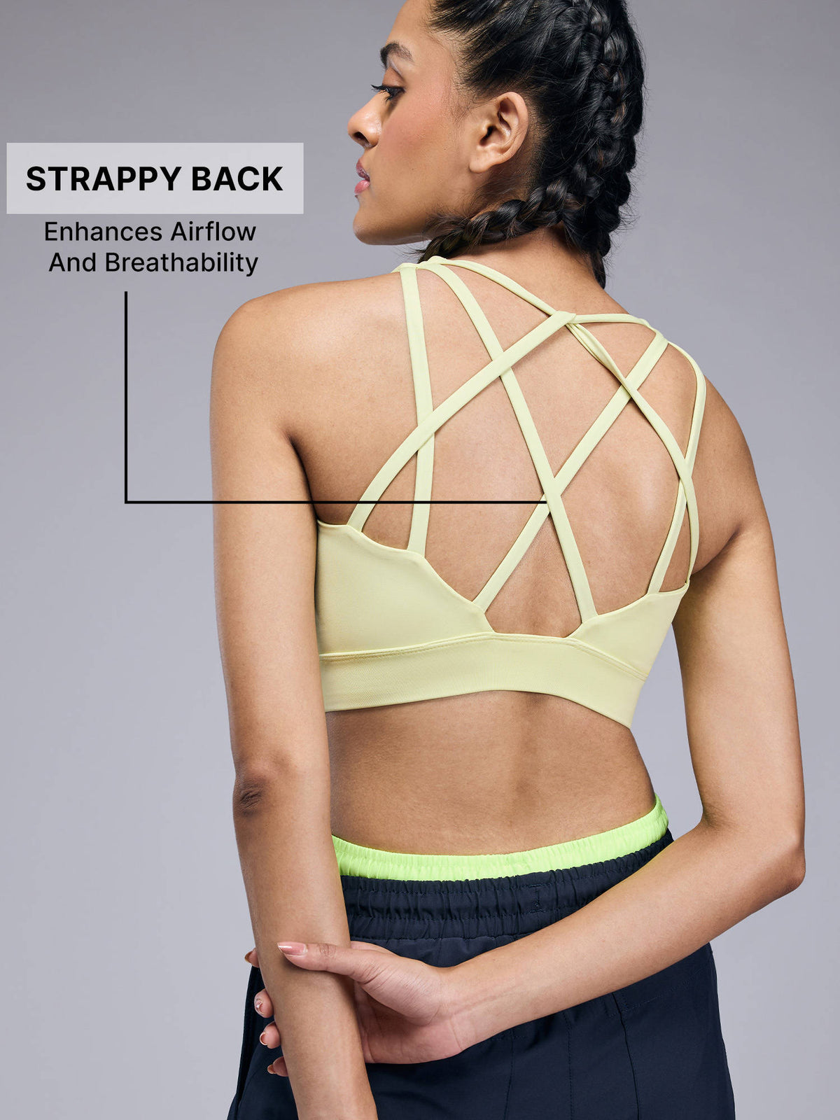 Mid-Impact Strappy Sports Bra with Removable Pads in KICASKN™ Fabric KIC102-Neon Yellow | sb09 - view 4