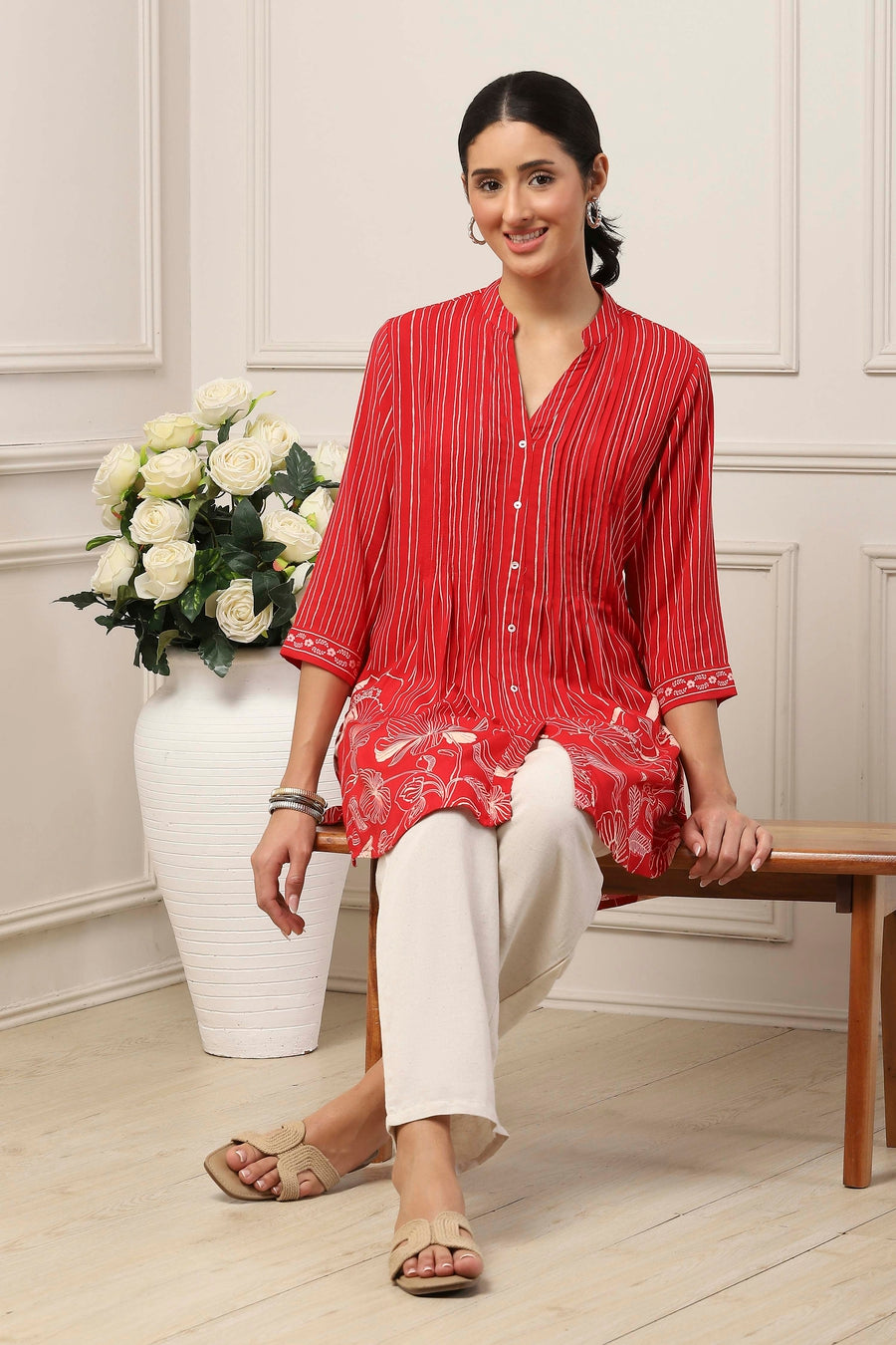 Red Viscose Rayon Striped Floral Kurti K60