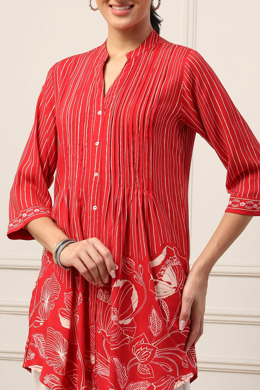 Red Viscose Rayon Striped Floral Kurti K60