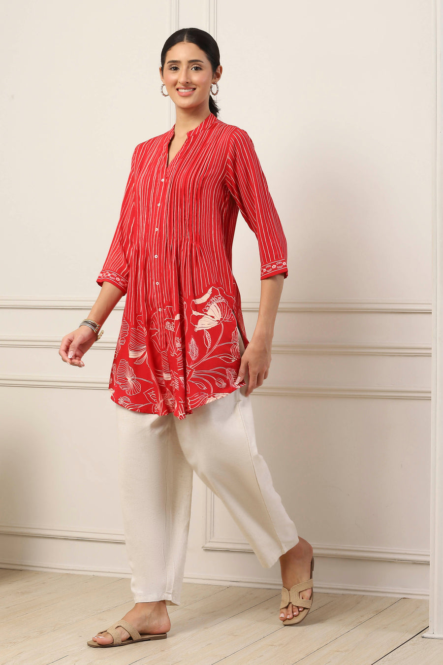 Red Viscose Rayon Striped Floral Kurti K60