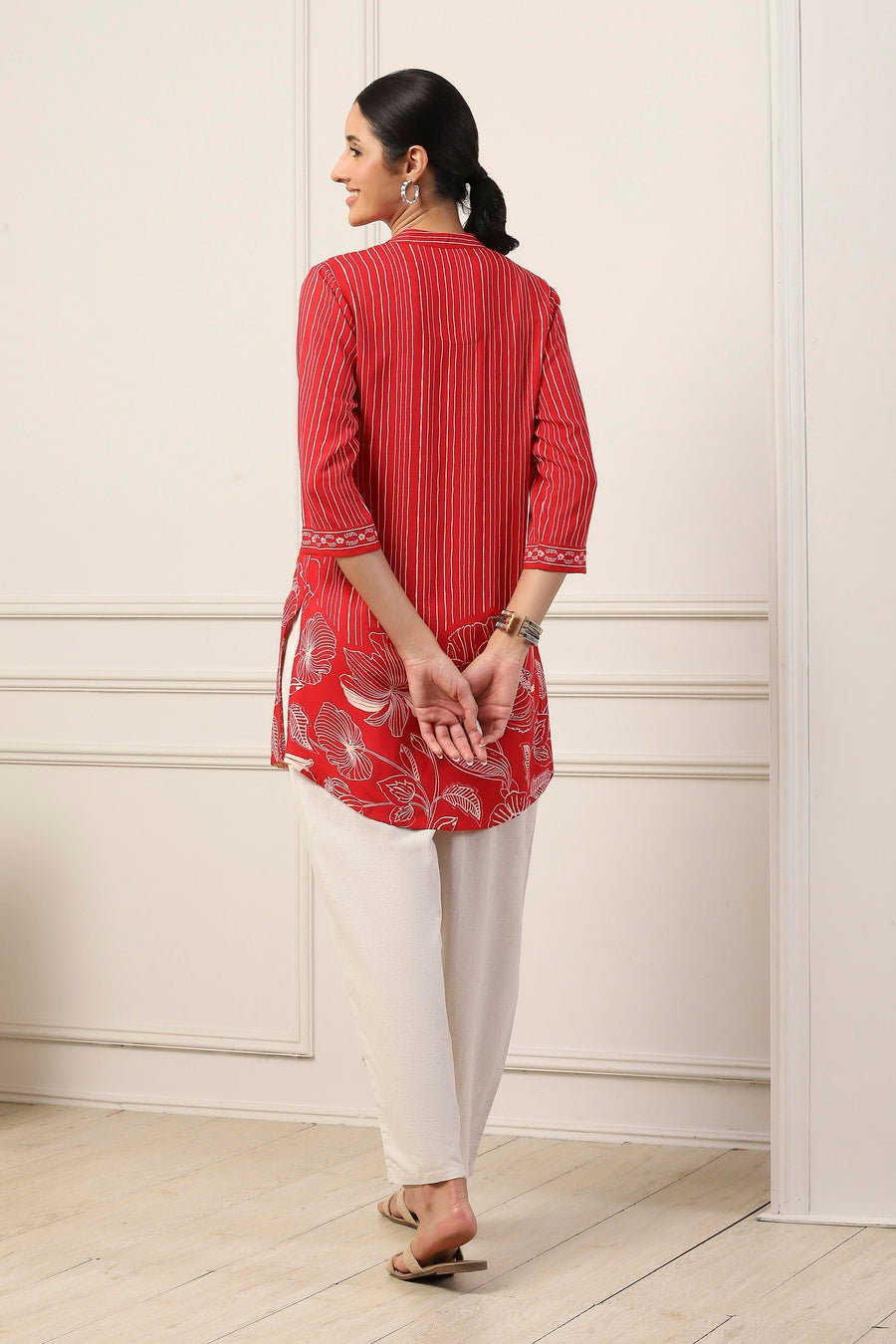 Red Viscose Rayon Striped Floral Kurti K60