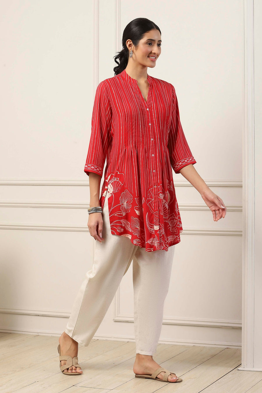 Red Viscose Rayon Striped Floral Kurti K60