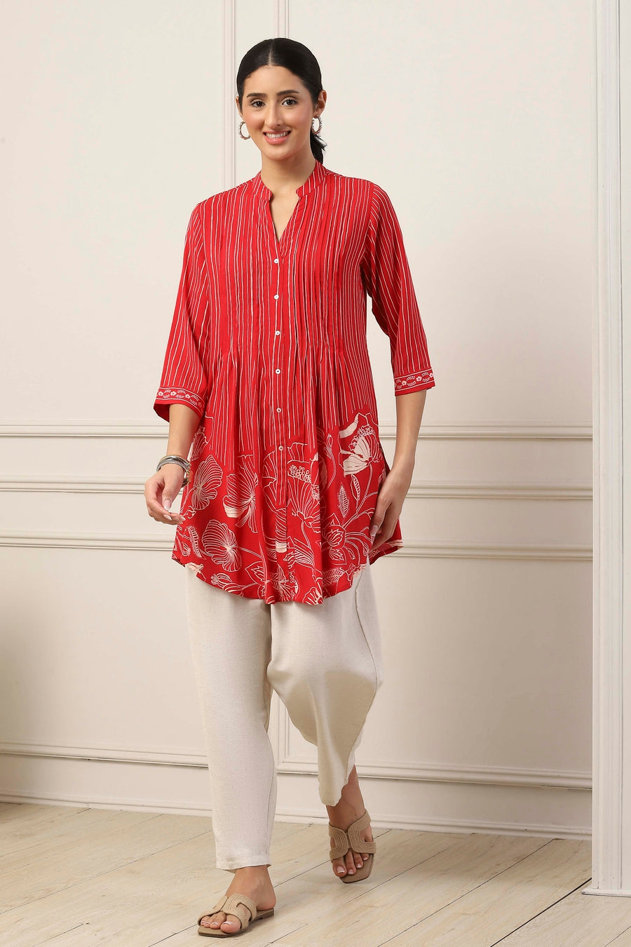 Red Viscose Rayon Striped Floral Kurti K60