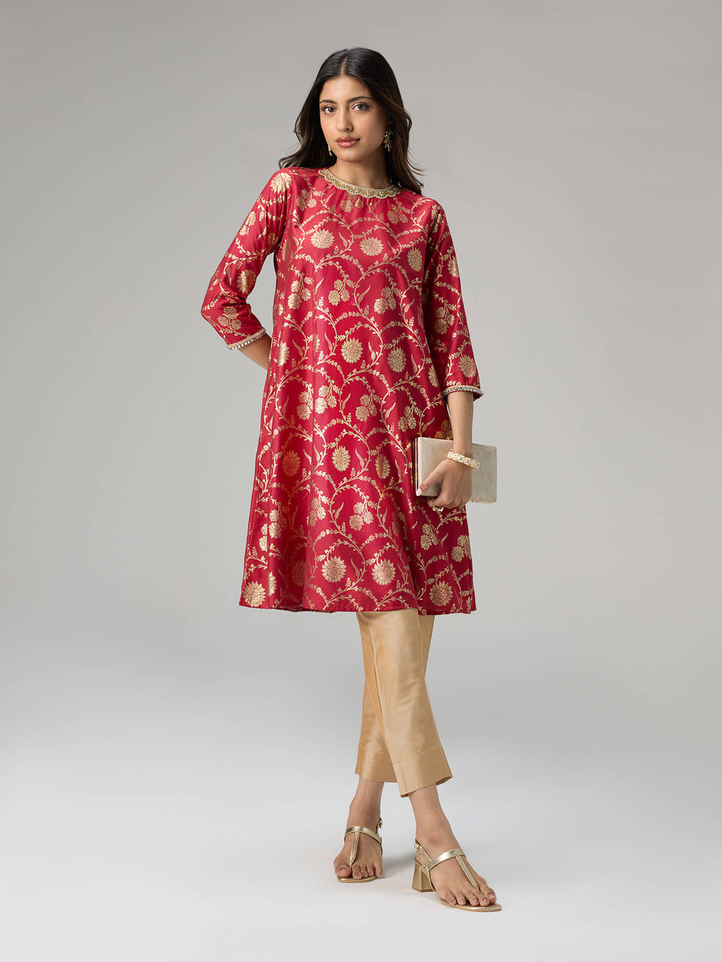 Off White Gadhwal Foil Printed Embellished Neck Kurta Brigade Bride | FY93 - view 18
