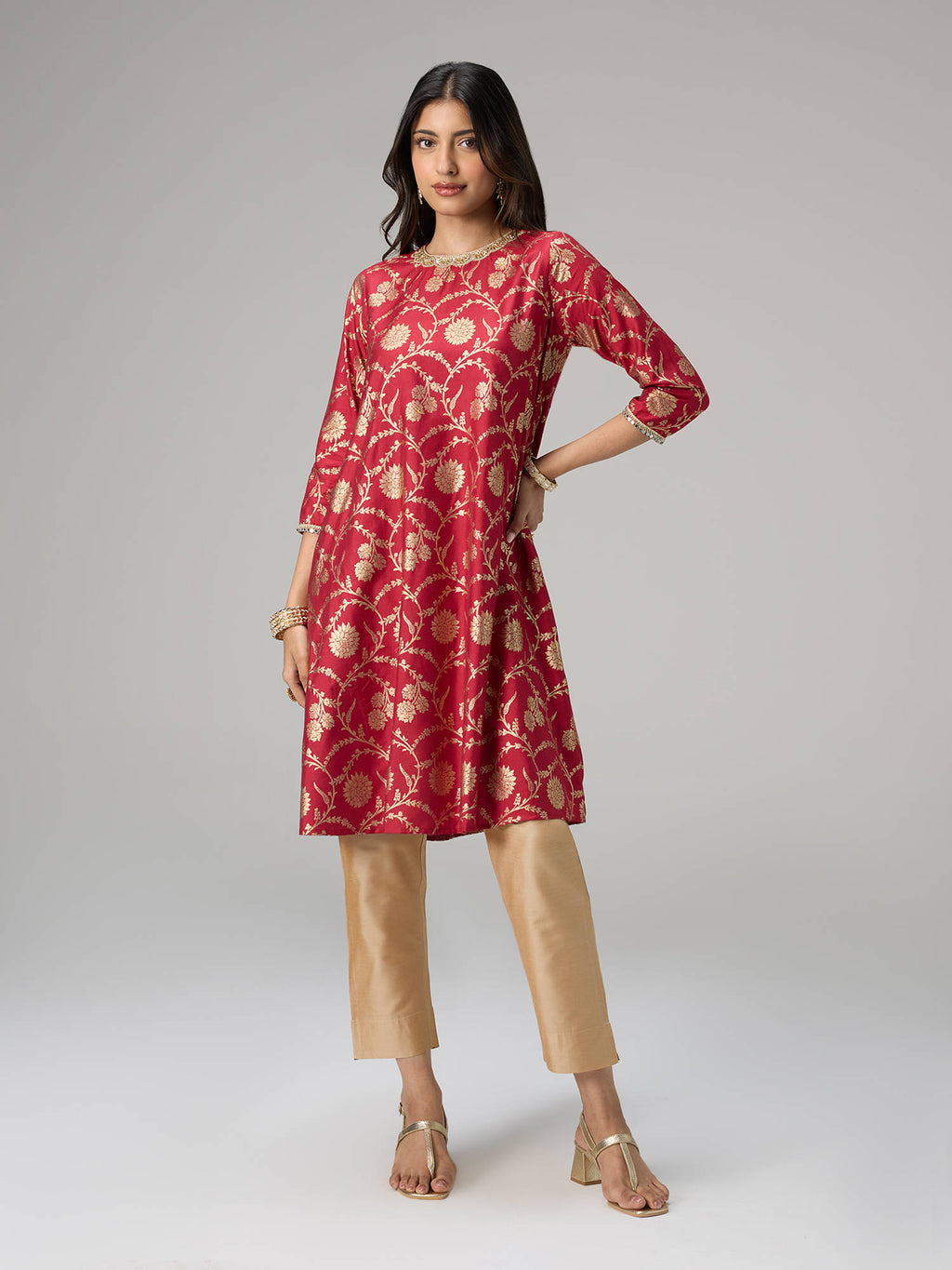 Off White Gadhwal Foil Printed Embellished Neck Kurta Brigade Bride | U3S - view 36