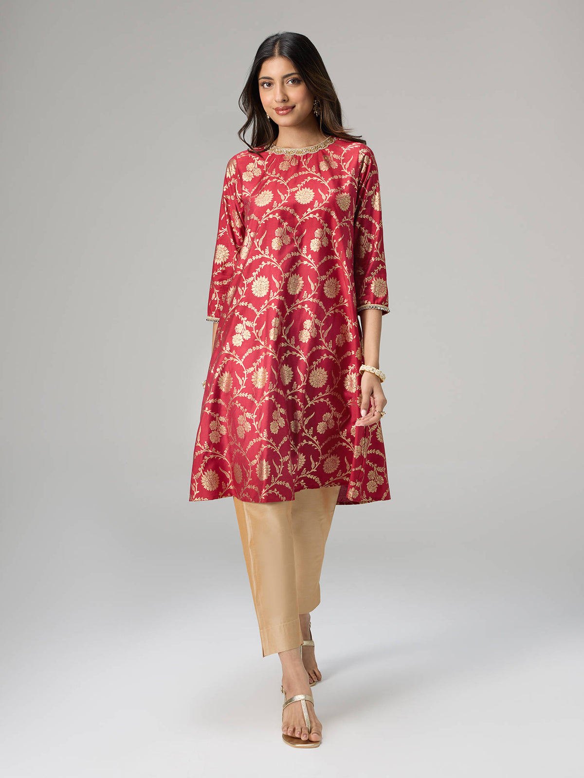 Off White Gadhwal Foil Printed Embellished Neck Kurta Brigade Bride | U3S - view 43