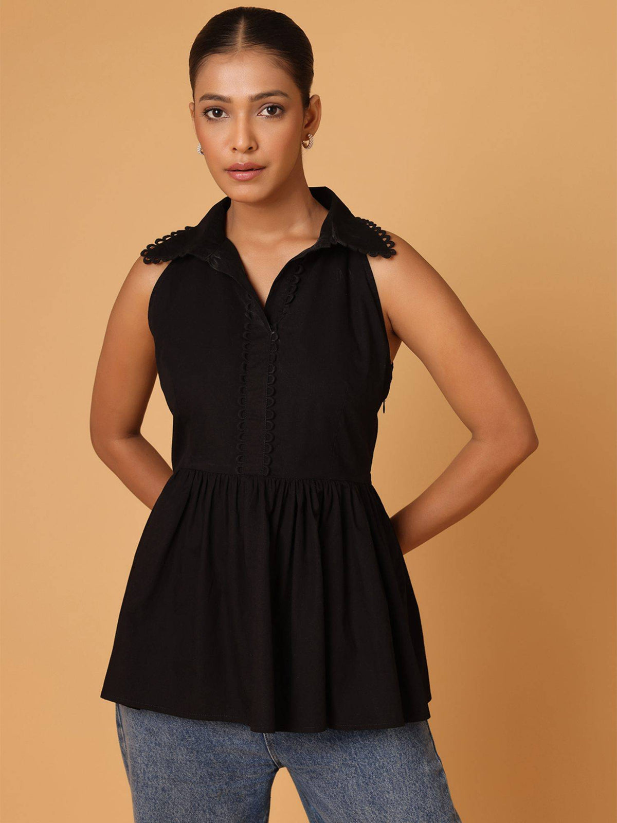 Peach Lace Detail Shirt Style Peplum Top | pt51 - view 13