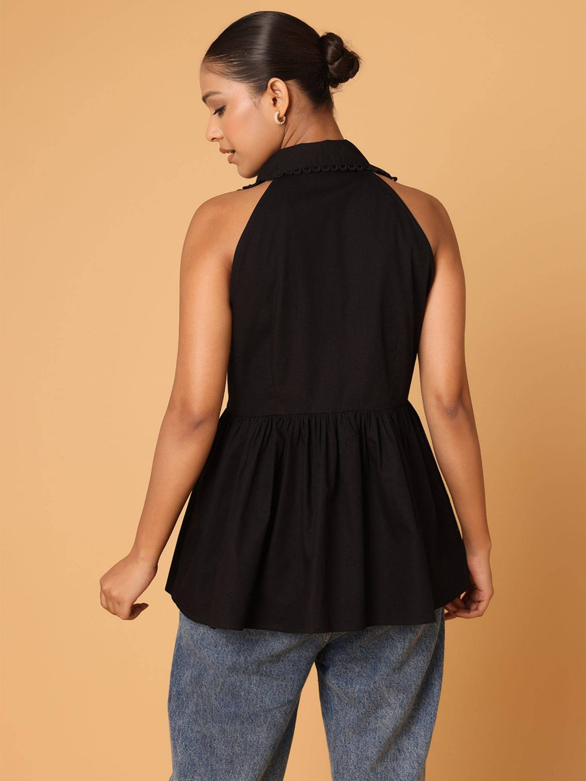 Black Lace Detail Shirt Style Peplum Top | pt51 - view 2