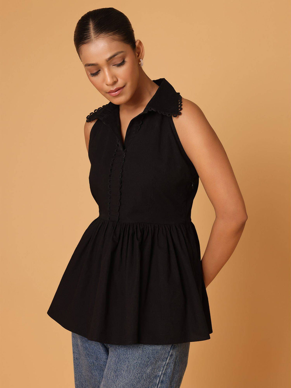 Black Lace Detail Shirt Style Peplum Top | pt51 - view 3