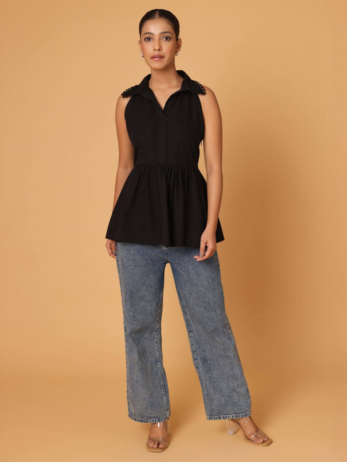 Black Lace Detail Shirt Style Peplum Top | pt51 - view 5
