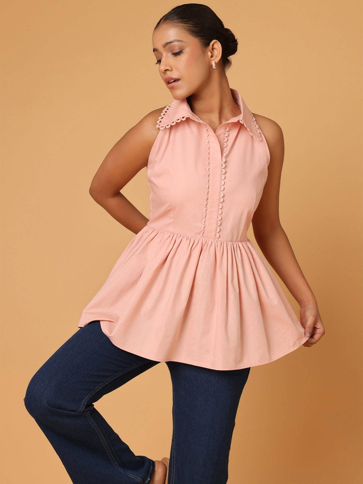 Navy Blue Lace Detail Shirt Style Peplum Top | pt51 - view 7