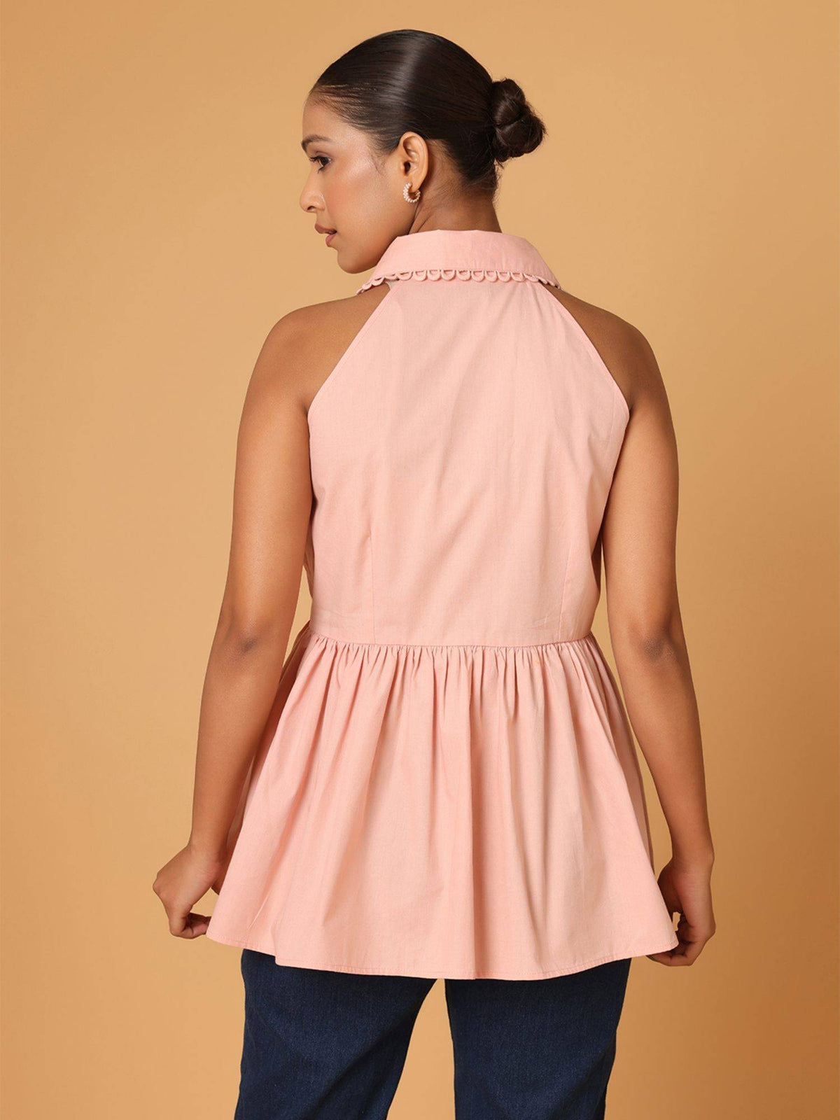 Peach Lace Detail Shirt Style Peplum Top | pt51 - view 2