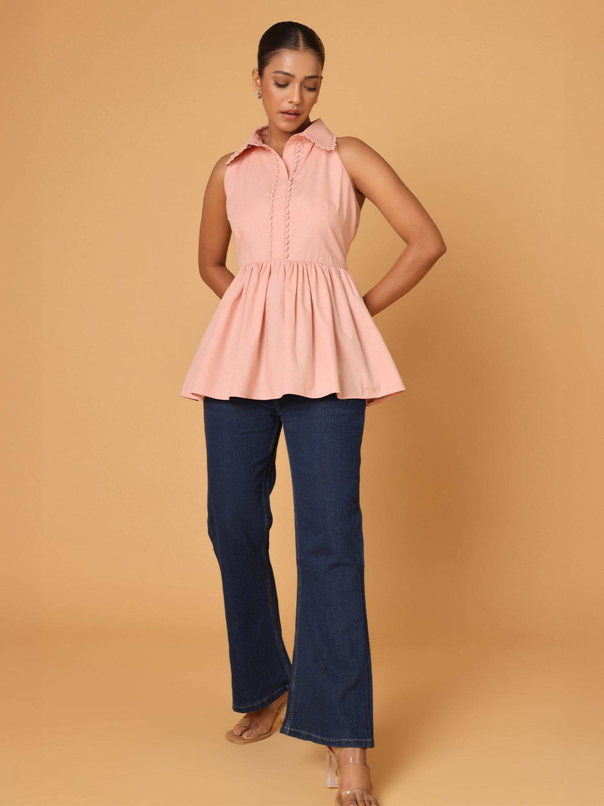 Peach Lace Detail Shirt Style Peplum Top | pt51 - view 5