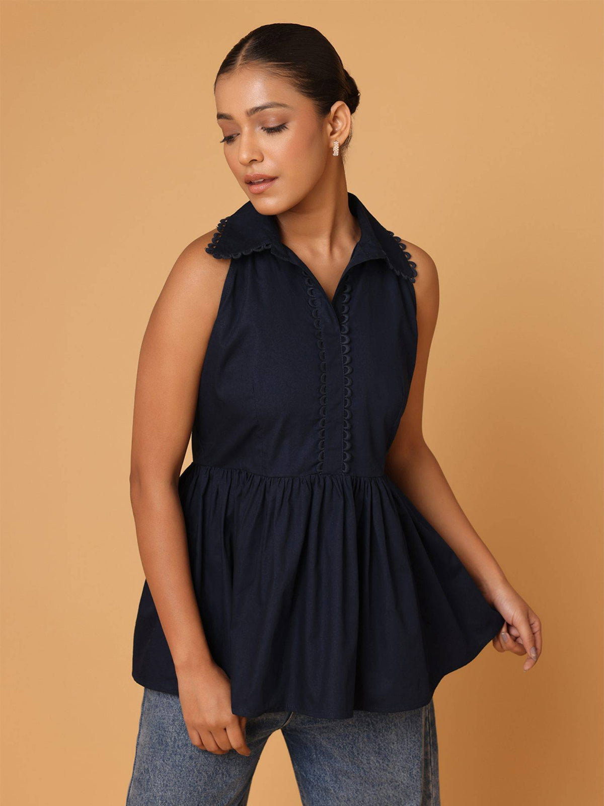 Peach Lace Detail Shirt Style Peplum Top | pt51 - view 7