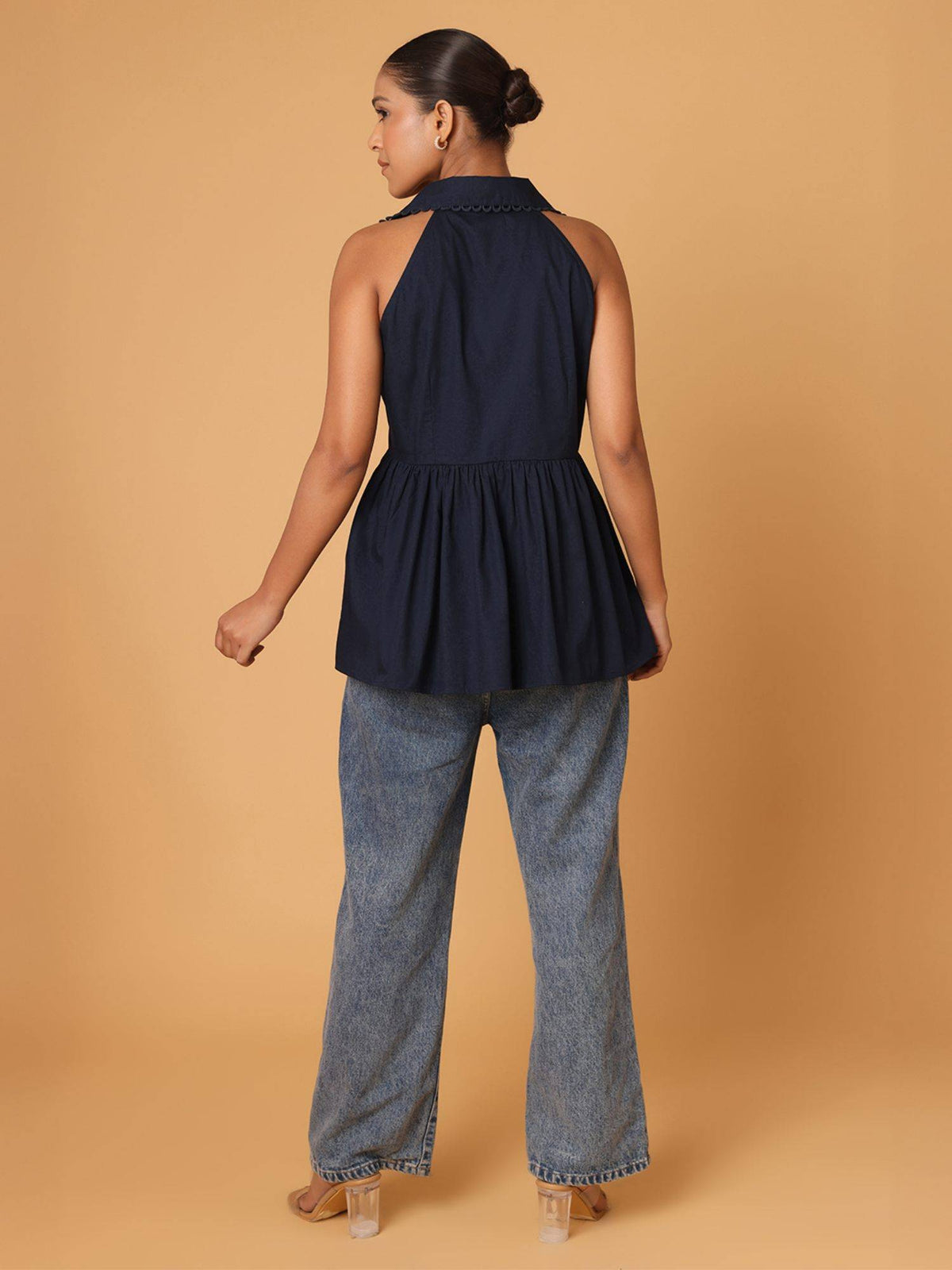 Navy Blue Lace Detail Shirt Style Peplum Top | pt51 - view 2