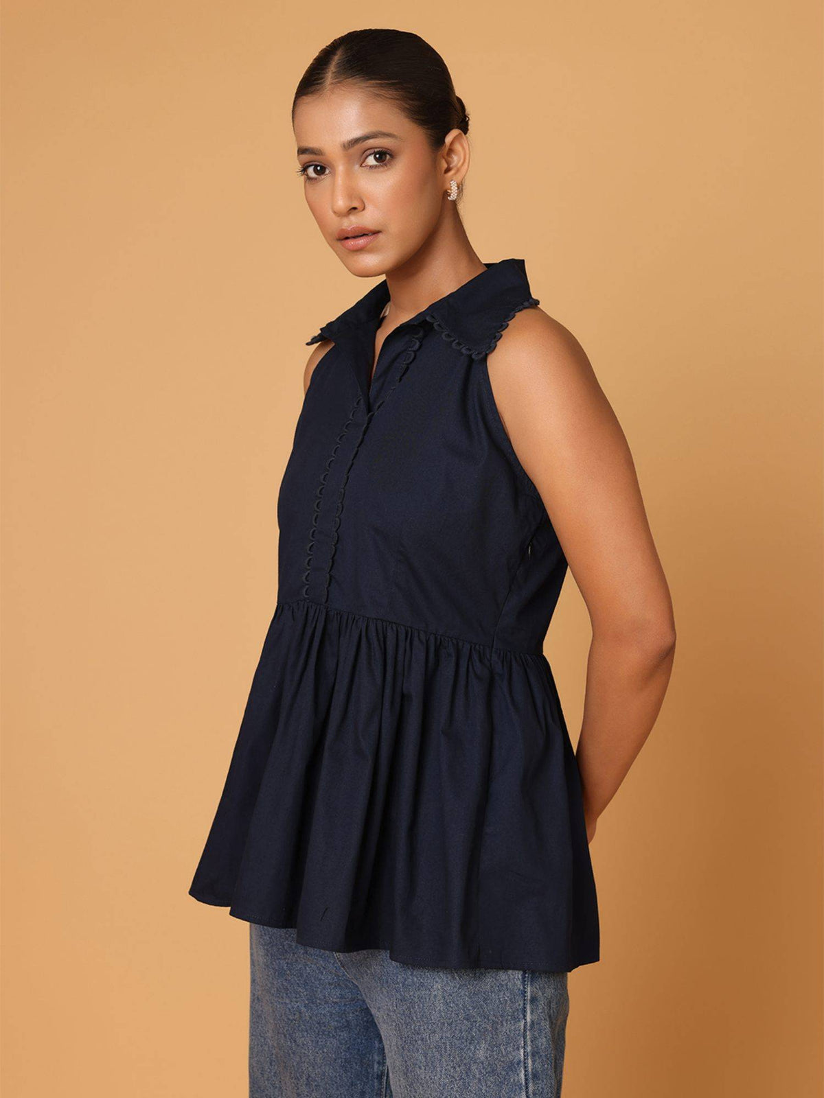 Navy Blue Lace Detail Shirt Style Peplum Top | pt51 - view 3