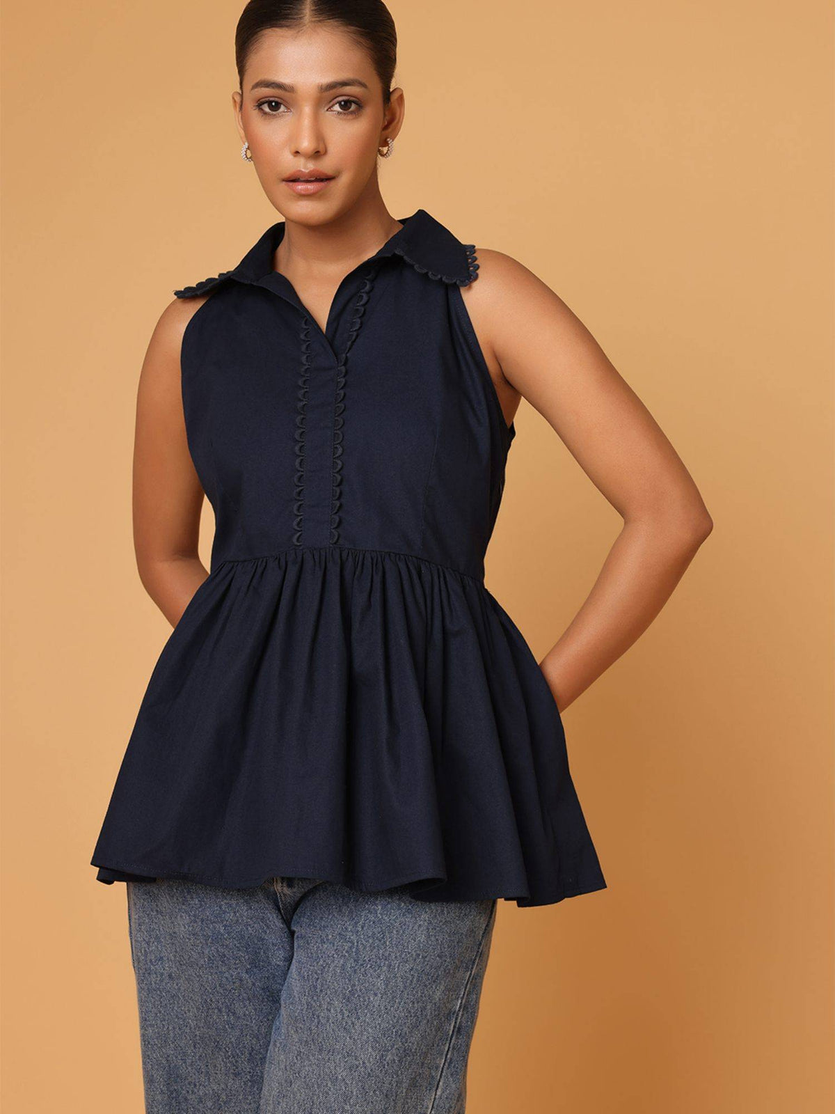 Navy Blue Lace Detail Shirt Style Peplum Top | pt51 - view 4