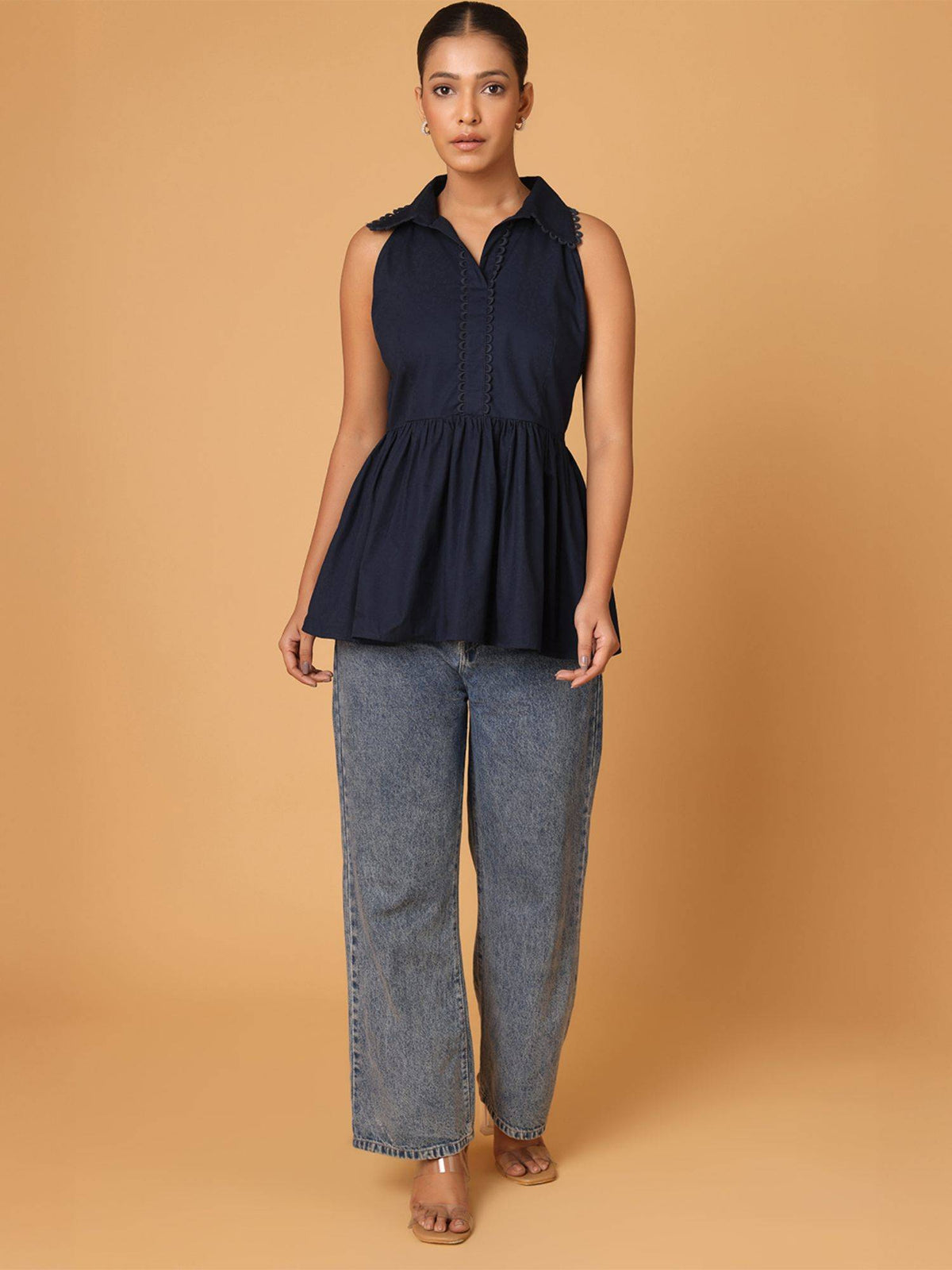 Navy Blue Lace Detail Shirt Style Peplum Top | pt51 - view 5