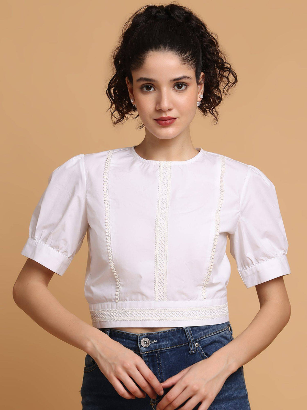 Black Contrast White Lace Crop Top | CT61 - view 7