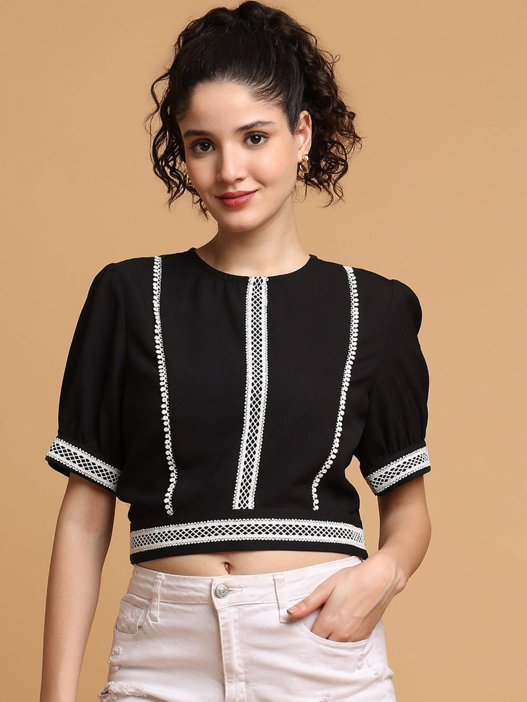 Black Contrast White Lace Crop Top | CT61 - view 1