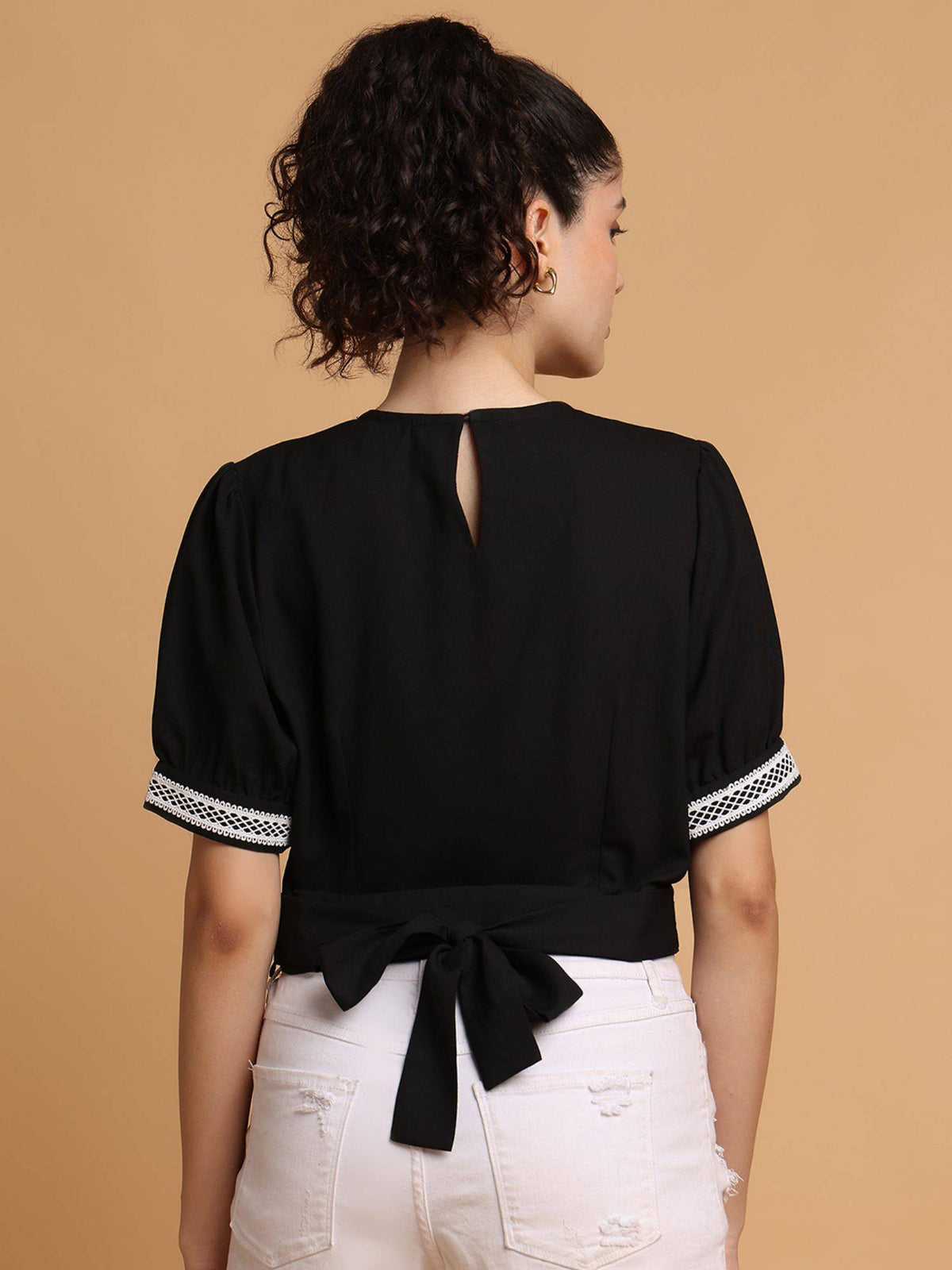 Black Contrast White Lace Crop Top | CT61 - view 2