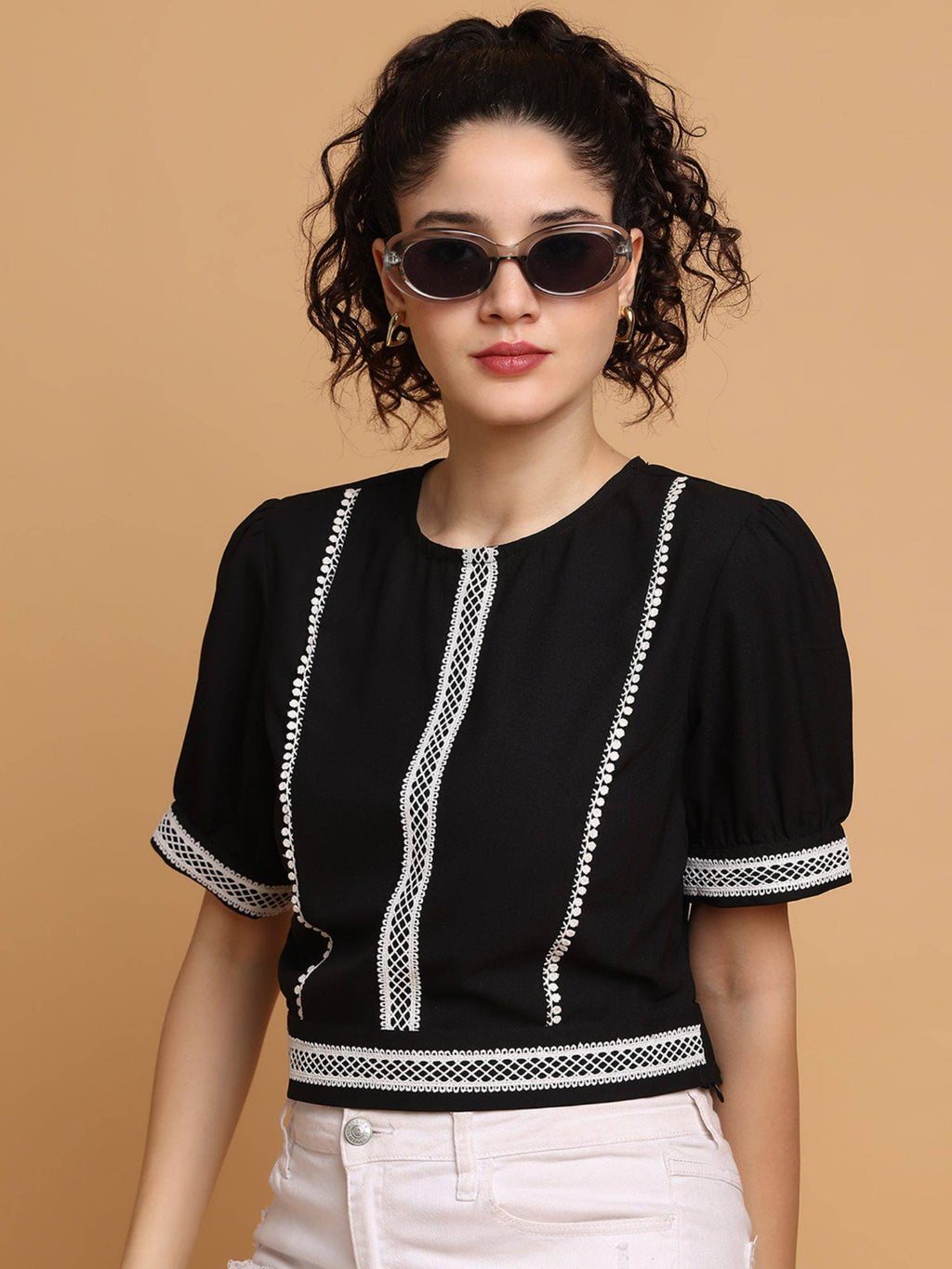 Black Contrast White Lace Crop Top | CT61 - view 6