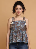Brown Floral Printed Strappy Peplum Top | pt51 - view 1
