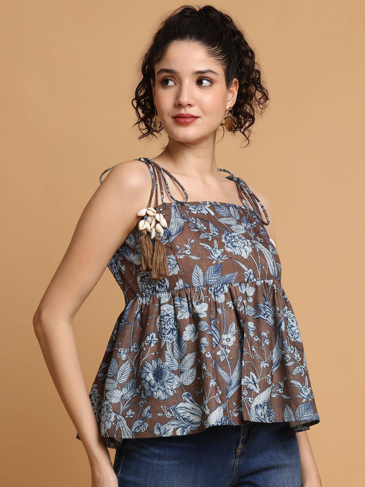 Brown Floral Printed Strappy Peplum Top | pt51 - view 6