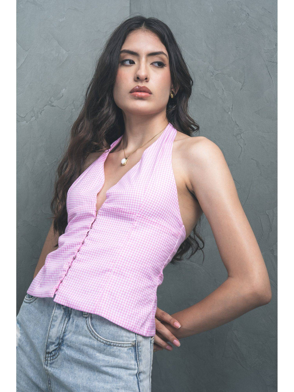 Women'S Pink Halter Gingham Top | HT67 - view 2