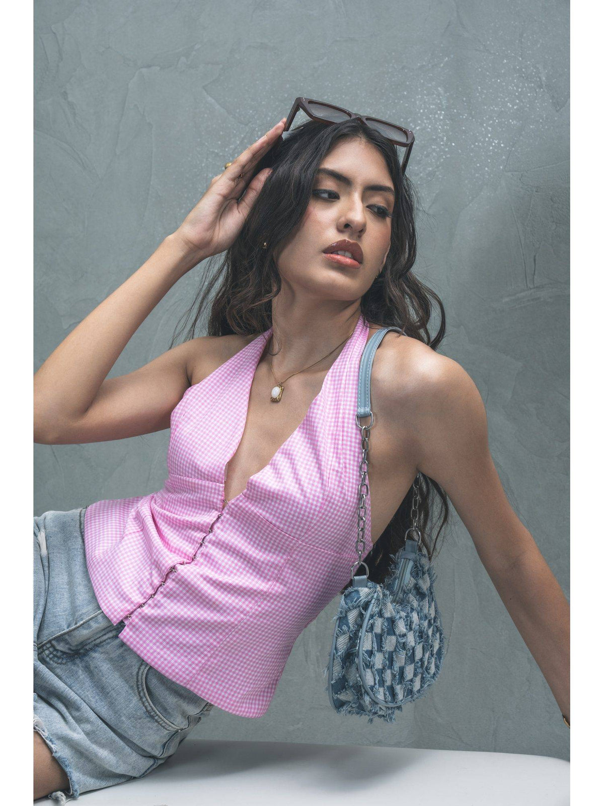 Women'S Pink Halter Gingham Top | HT67 - view 4