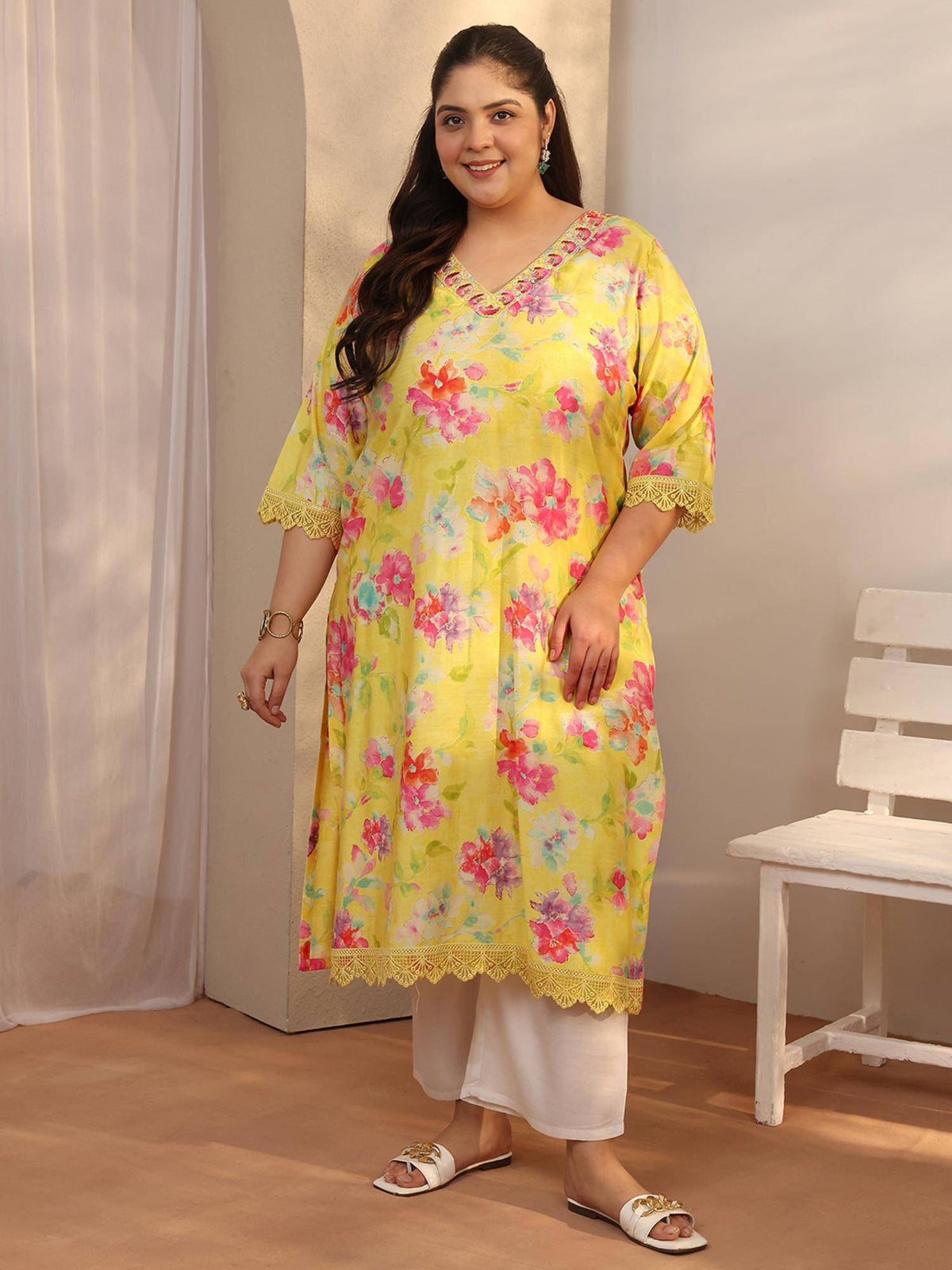 Plus Size Yellow Printed Silk Blend Straight Kurta | FY93 - view 1