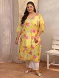 Plus Size Yellow Printed Silk Blend Straight Kurta | U3S - view 1