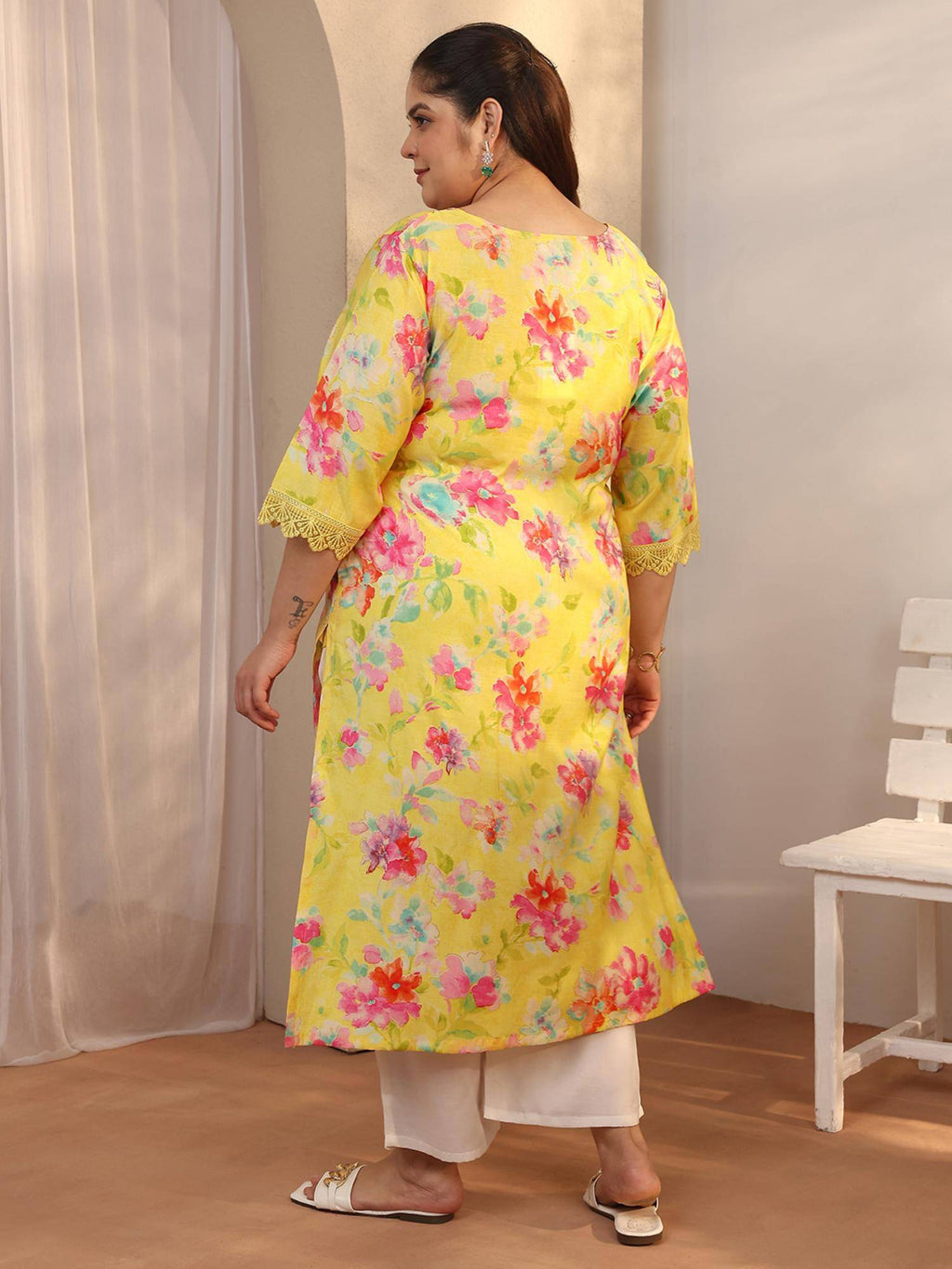 Plus Size Yellow Printed Silk Blend Straight Kurta | U3S - view 3